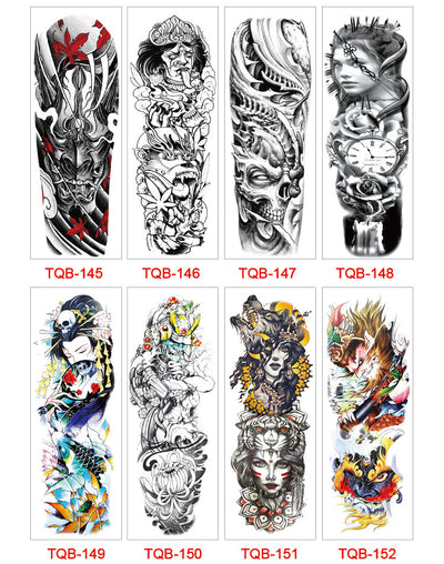 Full arm temporary tattoo sticker with a black, red, and light blue tribal design, featuring abstract shapes and patterns. - Image 64