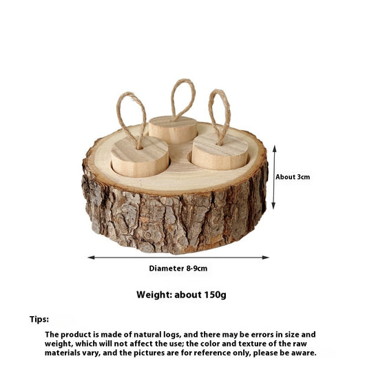 Wooden pet foraging snack box with three colorful pegs (blue, red, green) and green string 'stems' for rabbits and guinea pigs. - Image 6