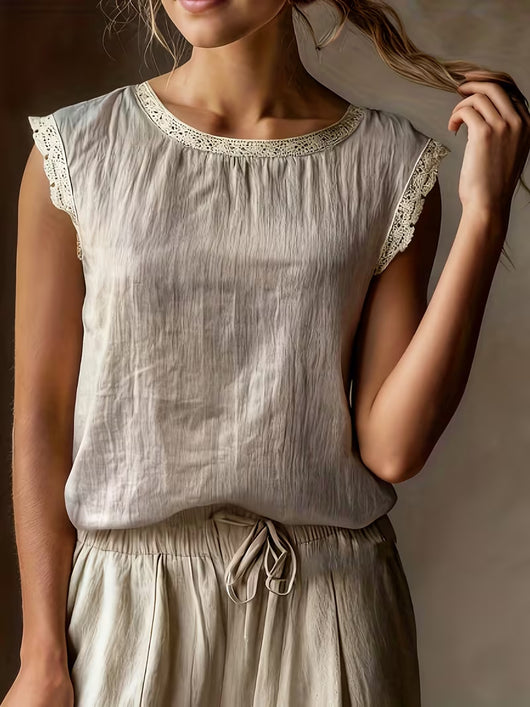 Blusa Suelta de Lino y Algodón sin Mangas con Encaje - Image 14