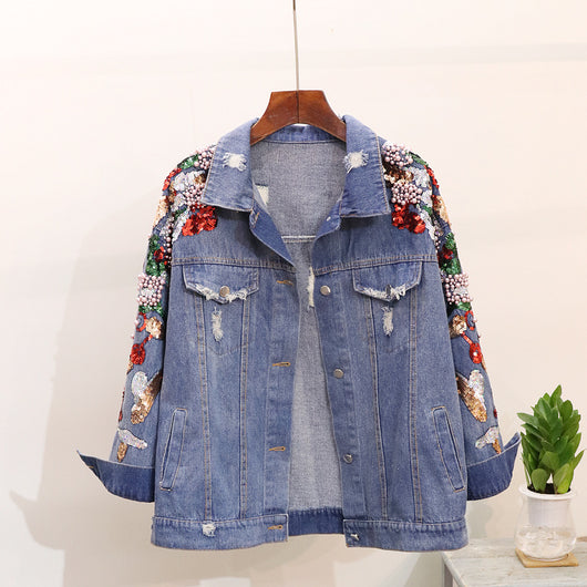 Chaqueta Denim Oversized con Bordados y Lentejuelas Reductora para Mujer - Image 10
