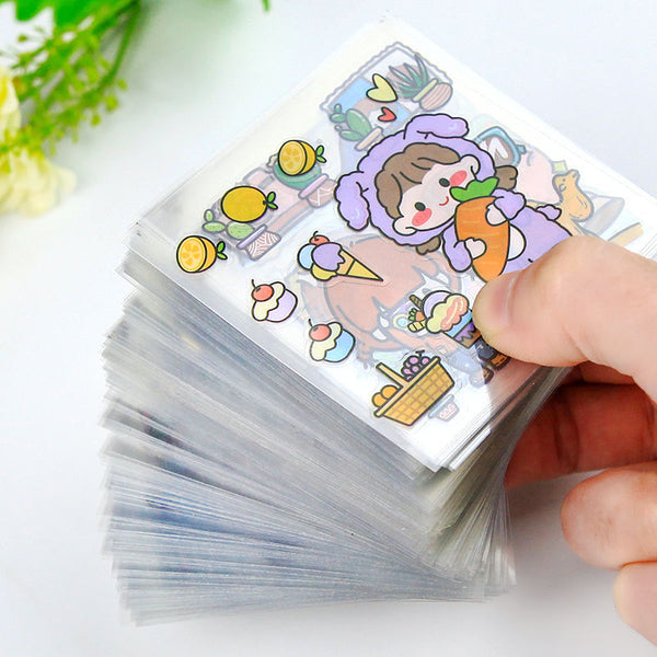 Stack of clear PET journal stickers with cartoon designs, including a character in a purple bunny suit, lemons, and desserts.