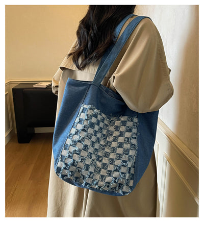 Bolsa Tote de Mezclilla Lavada con Patrón Escocés y Gran Capacidad - Image 23