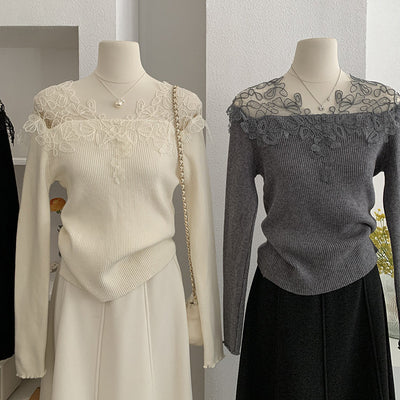 Suéter Tejido con Encaje Calado y Cuello en V para Mujer - Colección Otoño Invierno