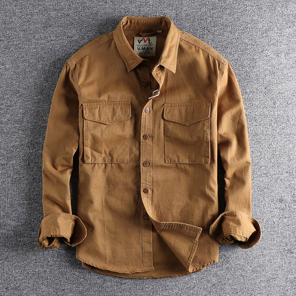 Camisa de Trabajo Retro con Bolsillos 3D - Algodón Manga Larga Hombre