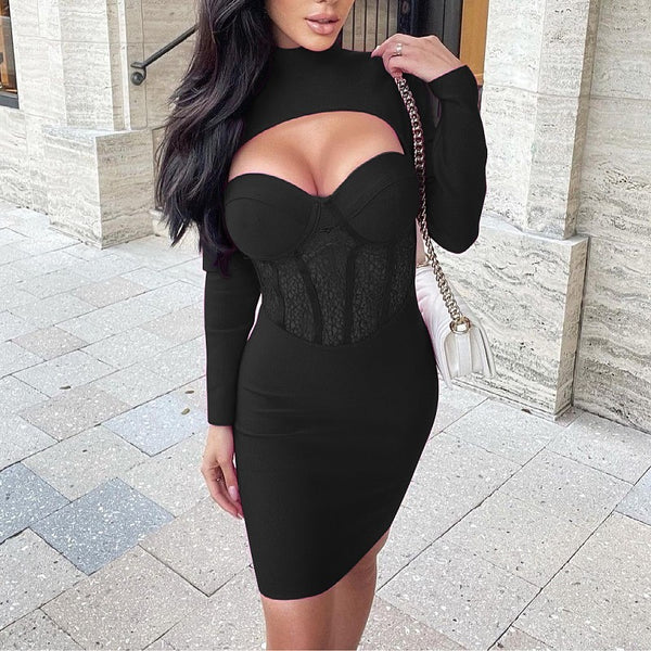 Vestido de Noche Ajustado con Encaje Calado y Detalles de Vendaje