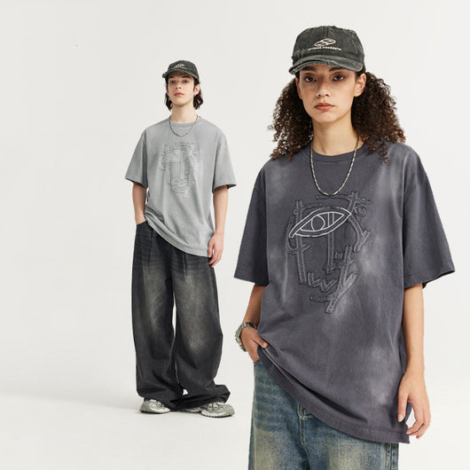 Camiseta Hombre Lavada con Bordado Artesanal Corte Relajado