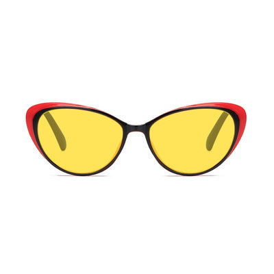 Retro cat-eye sunglasses with bright black frames and yellow night vision lenses on a white background. - Image 3