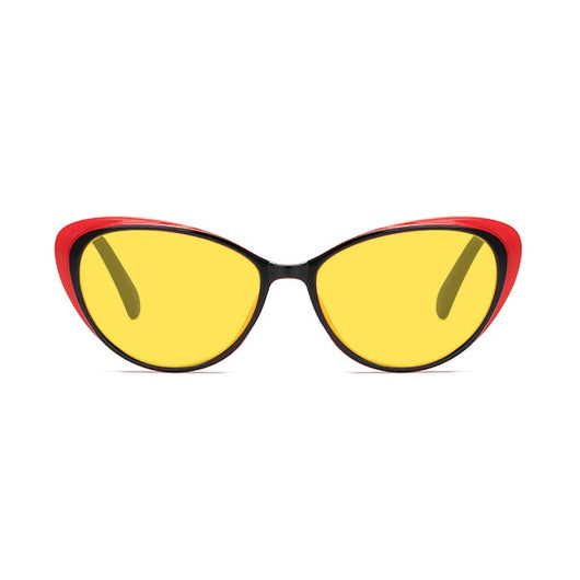 Retro cat-eye sunglasses with bright black frames and yellow night vision lenses on a white background. - Image 3