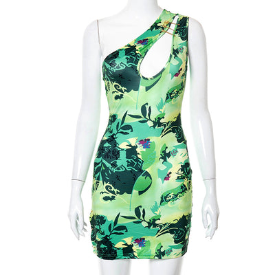 Vestido Estampado Flores con Hombro Inclinado y Detalles Calados - Image 10