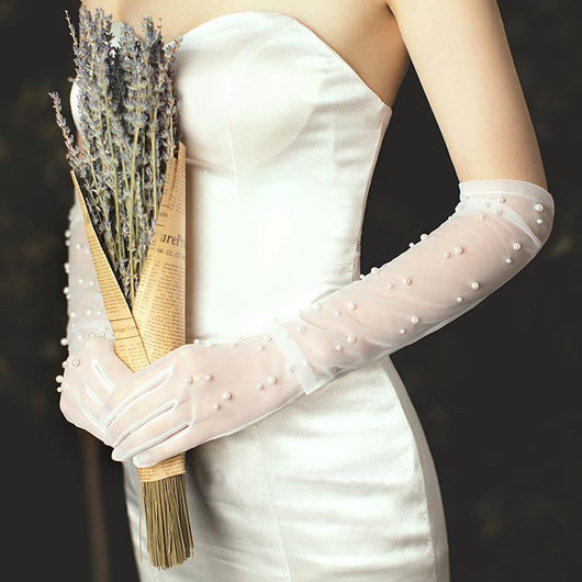 Guantes de Novia Malla de Perlas Blanco Elegante - Image 10