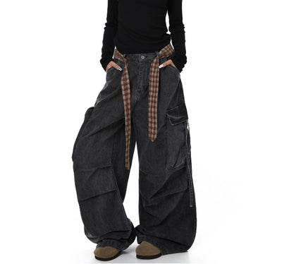 Pantalones Rectos Anchos a Cuadros con Cinturón y Detalles Desgastados - Image 11