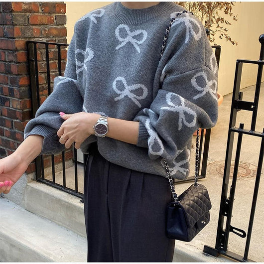 Suéter Jacquard con Moño y Cuello Redondo - Blusa Holgada de Manga Larga - Image 23