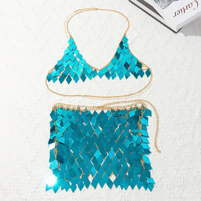 Woman wearing a gold-tone body chain top with iridescent pink and orange diamond-shaped sequins, perfect for beach or festival. - Image 32