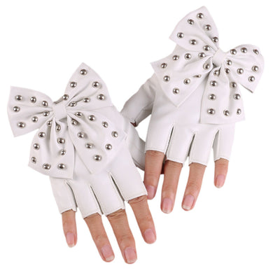 Guantes de Cuero Sintético PU con Moño Remachado - Medio Dedo Fashion