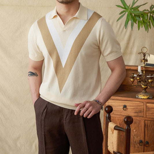 Suéter de Algodón Premium Cuello V Manga Corta Combinado - Image 2