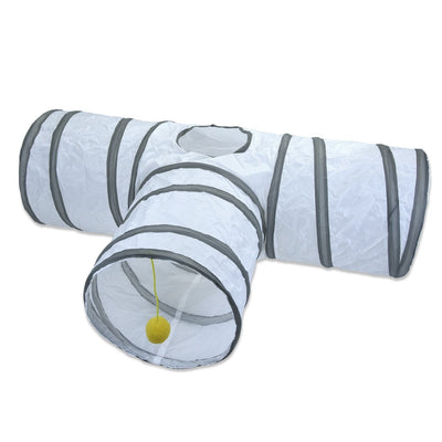White cat tunnel with dark grey trim, featuring a red and pink hanging toy, measuring 25cm by 50cm. - Image 5