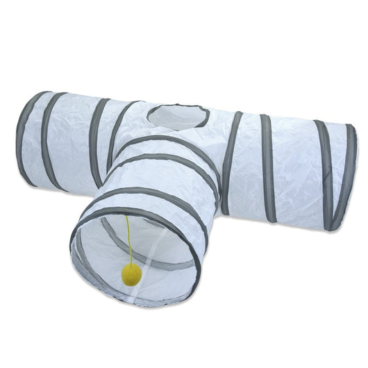 White cat tunnel with dark grey trim, featuring a red and pink hanging toy, measuring 25cm by 50cm. - Image 5