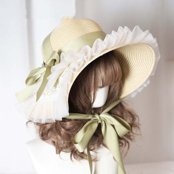 Sombrero de Paja para Mujer con Ala Ancha, Encaje y Moño Decorativo