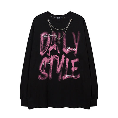 Playera Manga Larga Hip Hop con Letras Fuzzy y Cadena para Hombre - Image 6