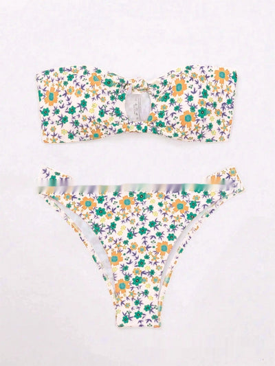 White floral print bandeau bikini with pink and blue flowers, featuring a front knot top and high-cut bottom. - Image 9