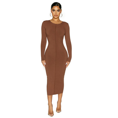 Vestido Largo Entallado de Manga Larga en Color Sólido para Mujer - Image 10