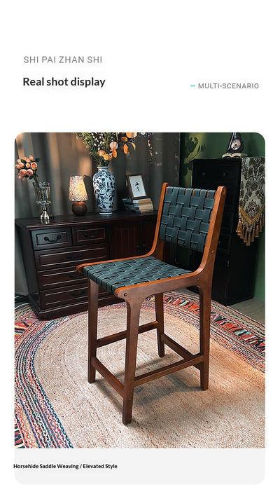 Taburete Alto de Cuero Vintage con Asiento de Silla de Madera Maciza - Image 17