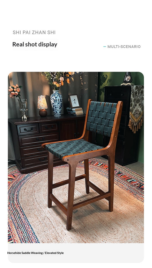 Taburete Alto de Cuero Vintage con Asiento de Silla de Madera Maciza - Image 17