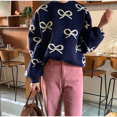 Suéter Jacquard con Moño y Cuello Redondo - Blusa Holgada de Manga Larga - Image 25