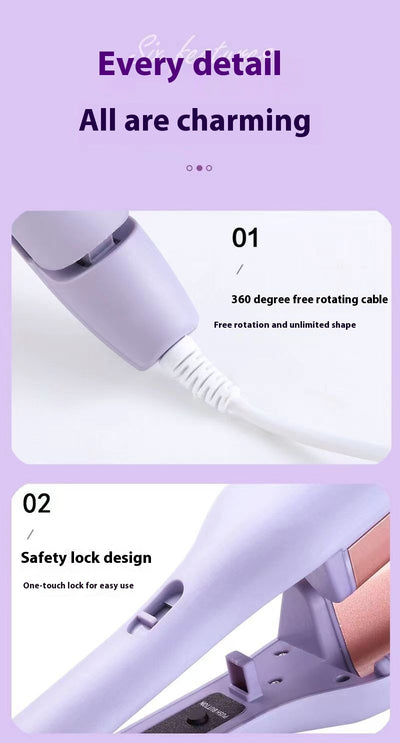 Lavender hair waver with rose gold corrugated plates for creating small curls or waves, shown on a white background. - Image 13
