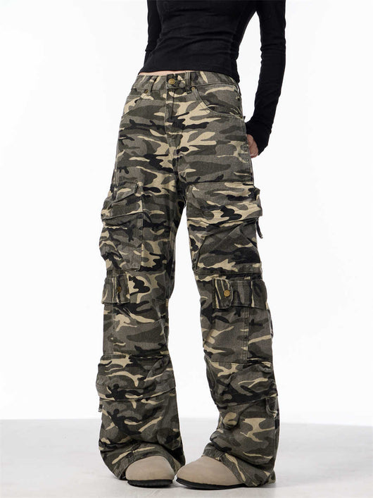 Pantalones Cargo Camuflaje Mujer Pierna Ancha Suelta - Image 4