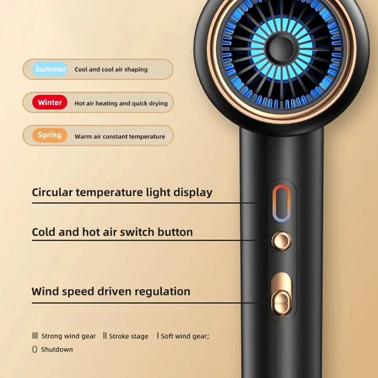 Gray professional hair dryer with a blue fan, 1875W, shown with a US 110V plug and a rotating air collector nozzle. - Image 21