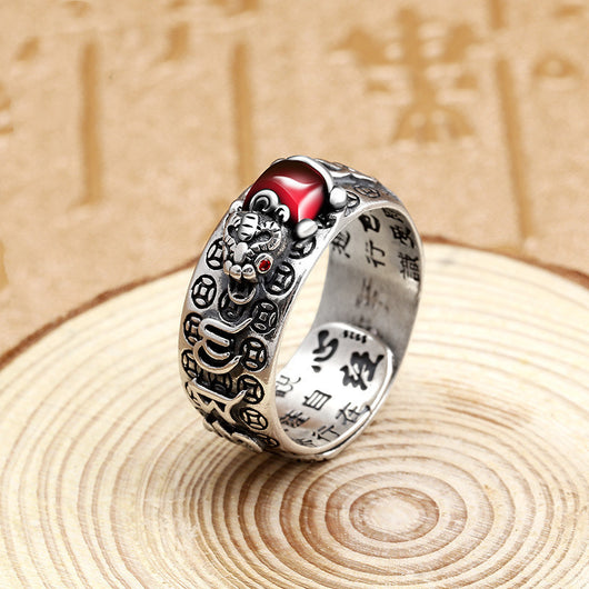 Anillo Pixiu Corazón Sutra Budista - Amuleto de Buena Suerte Unisex