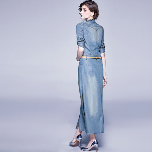 Vestido Denim Tencel Azul Slim con Solapa y Detalles de Abertura - Image 4
