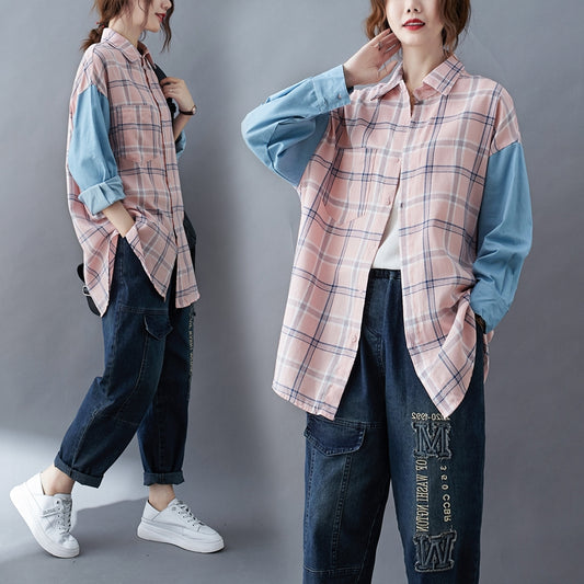 Camisa Oversized de Patchwork Manga Larga Suelta
