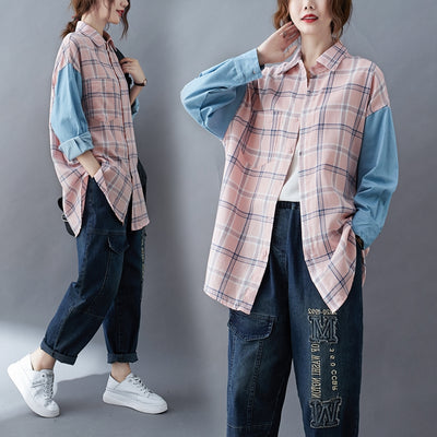 Camisa Oversized de Patchwork Manga Larga Suelta