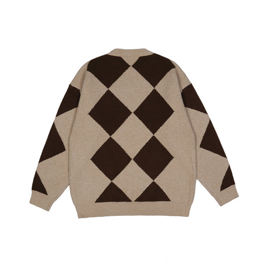 Suéter Hombre Jacquard Diamante Oversized Cuello Redondo Tendencia Casual - Image 8