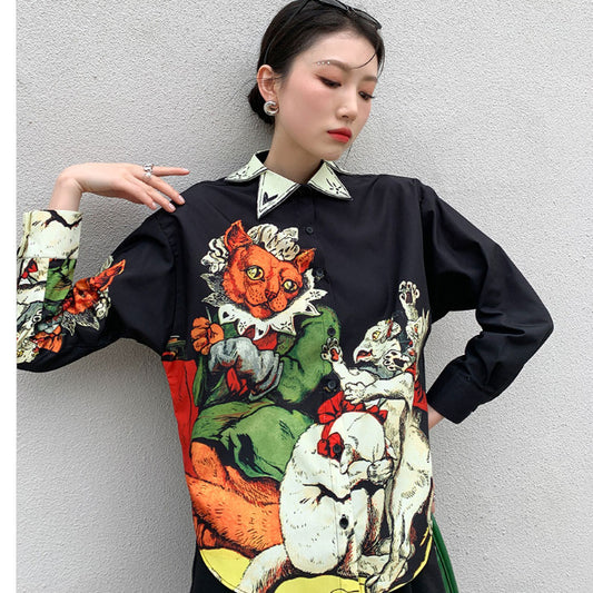 Camisa Retro Suelta con Diseño Pintado PolyDesign