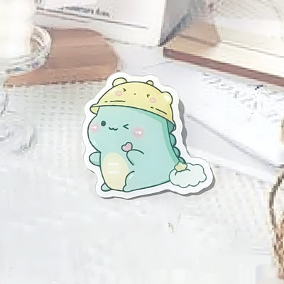 Cute green cartoon dinosaur acrylic badge brooch with a shy expression and small spikes on its back. - Image 14
