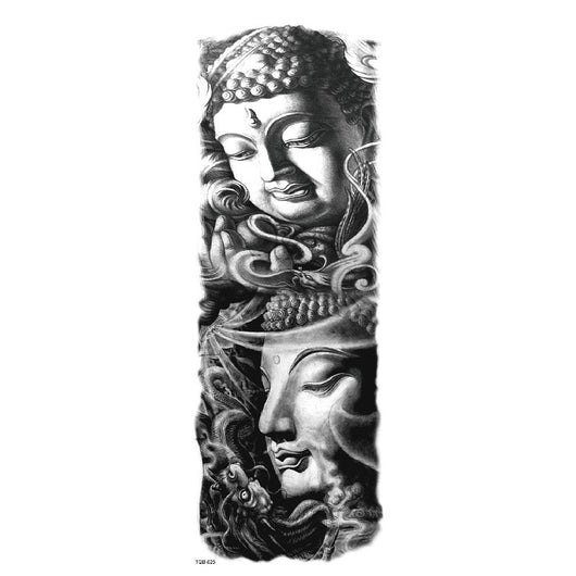 Full arm temporary tattoo sticker with a black, red, and light blue tribal design, featuring abstract shapes and patterns. - Image 30