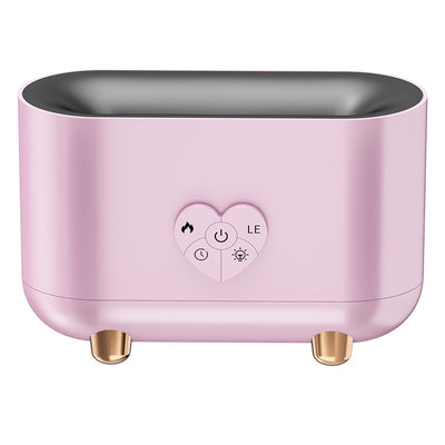 Black flame effect humidifier with a heart-shaped control panel, featuring power, timer, and light functions, on rose gold feet. - Image 4