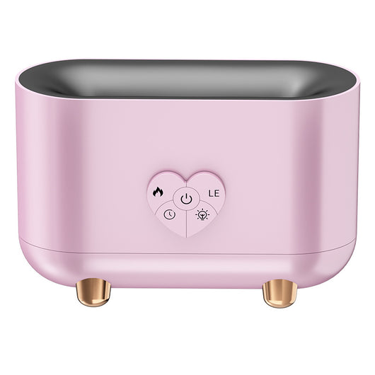 Black flame effect humidifier with a heart-shaped control panel, featuring power, timer, and light functions, on rose gold feet. - Image 4