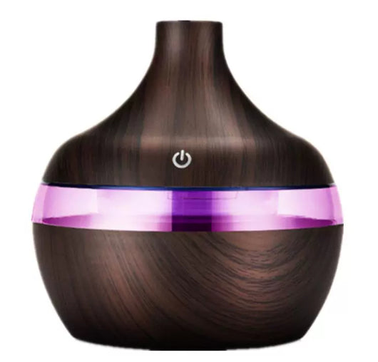 Wood grain aromatherapy USB humidifier with water drop shape, lid open, showing internal components and LED light options. - Image 11
