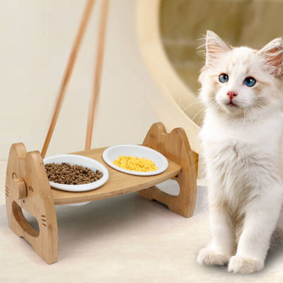 Comedero Doble de Cerámica con Soporte de Madera Ajustable para Perros y Gatos - Image 5
