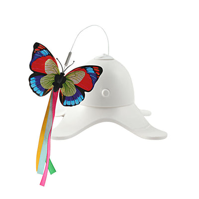 White electric cat toy with a rotating butterfly on a wire, featuring a colorful red, blue, and yellow butterfly. - Image 12