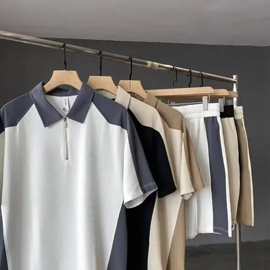 Conjunto de Verano para Hombre: Camiseta Manga Corta con Costuras Contrastantes + Shorts Casuales