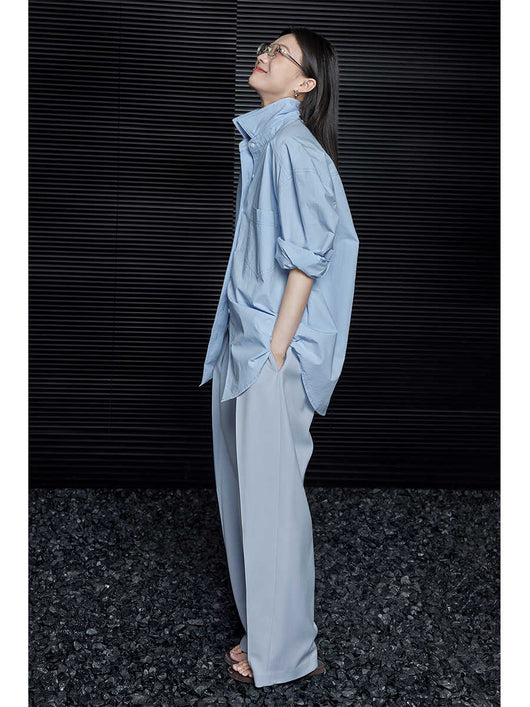 Blusa Minimalista Suelta Azul de Manga Larga para Mujer - Image 6