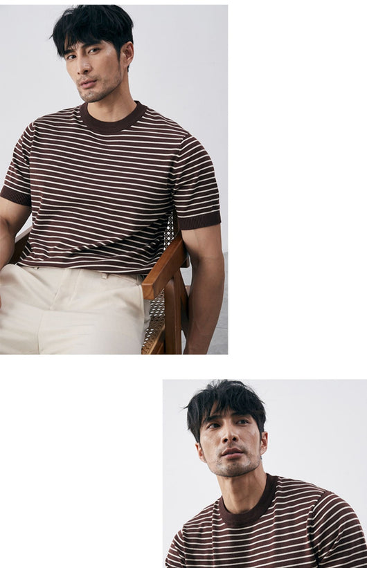 Camiseta Tejida de Cuello Redondo con Rayas para Hombre - Image 14