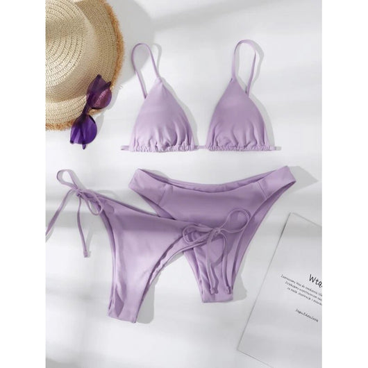 Lavender three-piece bikini set with a triangle top, tie-side bottom, and high-cut bottom, displayed with a straw hat and purple sunglasses. - Image 15