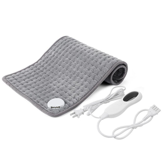 Gray quilted electric heating pad with a white wired controller and power plug, partially rolled up. - Image 4
