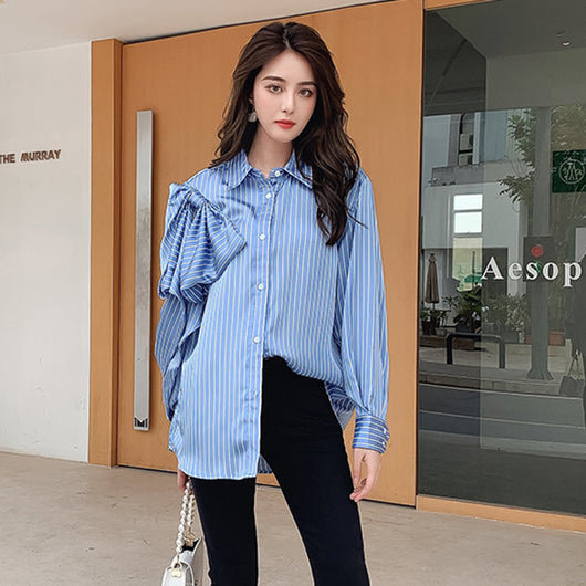 Blusa Casual Azul a Rayas con Lazo Coreano y Manga Larga para Mujer - Image 13